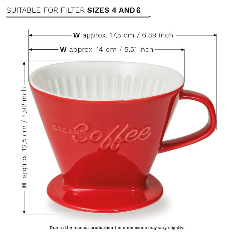 Creano XXL Porcelain Coffee Dripper Red - Ceramic Cone Brewer - Pour Over Coffee Maker - Filter Size 4 - huge and heavy quality 800gr/28oz - 6 Colours availeble - Image 3